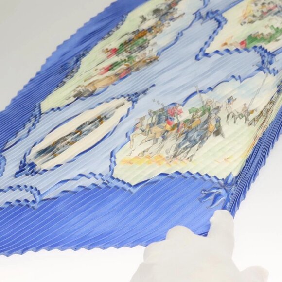 HERMES Pleated Carre 90 Scarf ""LES CHEVAUX DES MOGHOLS"" Silk Blue Auth 135502 - Picture 12 of 16